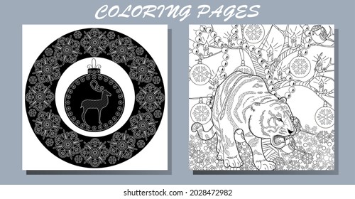 Coloring Pages. Doodle style new year coloring book. Happy new year 2022. Year of the tiger.  Antistress freehand sketch drawing with doodle and zentangle elements.