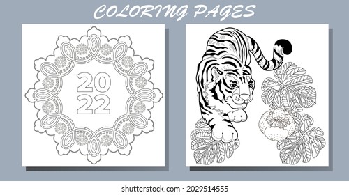 Coloring Pages. Doodle style new year coloring book. Happy new year 2022. Year of the tiger.  Antistress freehand sketch drawing with doodle and zentangle elements.