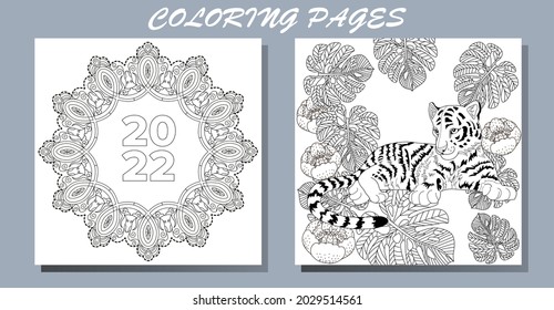 Coloring Pages. Doodle style new year coloring book. Happy new year 2022. Year of the tiger.  Antistress freehand sketch drawing with doodle and zentangle elements.