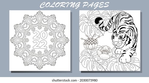 Coloring Pages. Doodle style new year coloring book. Happy new year 2022. Year of the tiger.  Antistress freehand sketch drawing with doodle and zentangle elements.