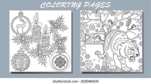 Coloring Pages. Doodle style new year coloring book. Happy new year 2022. Year of the tiger.  Antistress freehand sketch drawing with doodle and zentangle elements.