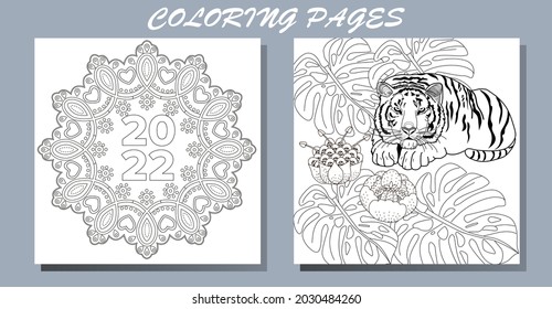 Coloring Pages. Doodle style new year coloring book. Happy new year 2022. Year of the tiger.  Antistress freehand sketch drawing with doodle and zentangle elements.