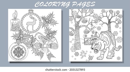 Coloring Pages. Doodle style new year coloring book. Happy new year 2022. Year of the tiger.  Antistress freehand sketch drawing with doodle and zentangle elements.