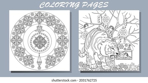 Coloring Pages. Doodle style new year coloring book. Happy new year 2022. Year of the tiger.  Antistress freehand sketch drawing with doodle and zentangle elements.