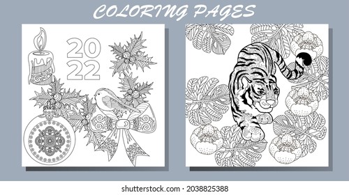 Coloring Pages. Doodle style new year coloring book. Happy new year 2022. Year of the tiger.  Antistress freehand sketch drawing with doodle and zentangle elements.