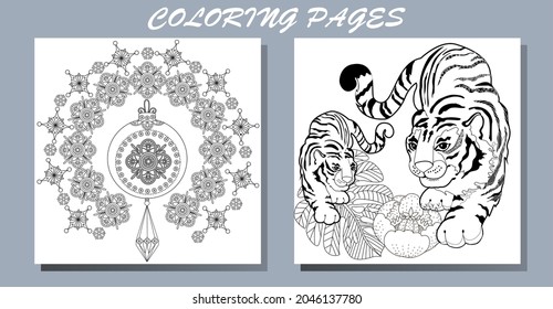 Coloring Pages. Doodle style new year coloring book. Happy new year 2022. Year of the tiger.  Antistress freehand sketch drawing with doodle and zentangle elements.