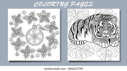 Coloring Pages. Doodle style new year coloring book. Happy new year 2022. Year of the tiger.  Antistress freehand sketch drawing with doodle and zentangle elements.