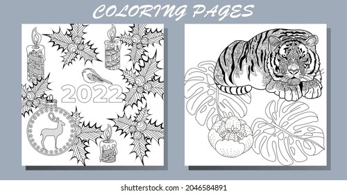 Coloring Pages. Doodle style new year coloring book. Happy new year 2022. Year of the tiger.  Antistress freehand sketch drawing with doodle and zentangle elements.