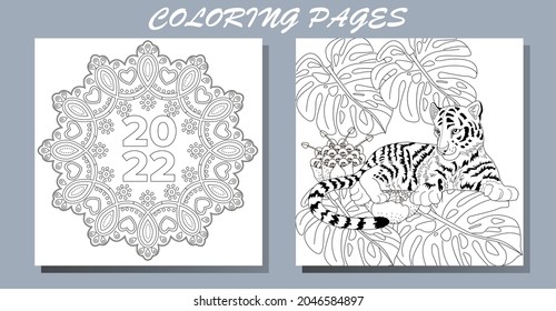 Coloring Pages. Doodle style new year coloring book. Happy new year 2022. Year of the tiger.  Antistress freehand sketch drawing with doodle and zentangle elements.