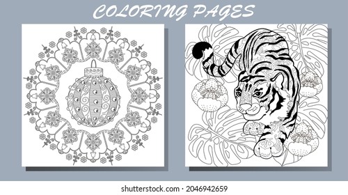 Coloring Pages. Doodle style new year coloring book. Happy new year 2022. Year of the tiger.  Antistress freehand sketch drawing with doodle and zentangle elements.