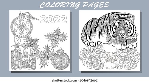 Coloring Pages. Doodle style new year coloring book. Happy new year 2022. Year of the tiger.  Antistress freehand sketch drawing with doodle and zentangle elements.