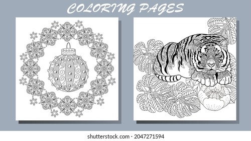 Coloring Pages. Doodle style new year coloring book. Happy new year 2022. Year of the tiger.  Antistress freehand sketch drawing with doodle and zentangle elements.