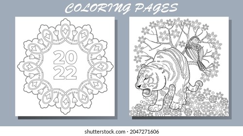 Coloring Pages. Doodle style new year coloring book. Happy new year 2022. Year of the tiger.  Antistress freehand sketch drawing with doodle and zentangle elements.