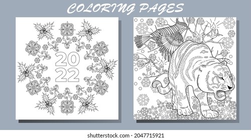 Coloring Pages. Doodle style new year coloring book. Happy new year 2022. Year of the tiger.  Antistress freehand sketch drawing with doodle and zentangle elements.