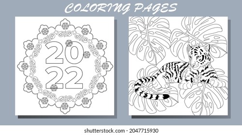 Coloring Pages. Doodle style new year coloring book. Happy new year 2022. Year of the tiger.  Antistress freehand sketch drawing with doodle and zentangle elements.