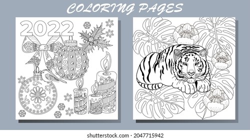 Coloring Pages. Doodle style new year coloring book. Happy new year 2022. Year of the tiger.  Antistress freehand sketch drawing with doodle and zentangle elements.