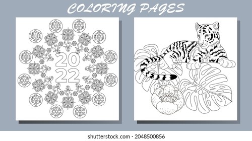 Coloring Pages. Doodle style new year coloring book. Happy new year 2022. Year of the tiger.  Antistress freehand sketch drawing with doodle and zentangle elements.