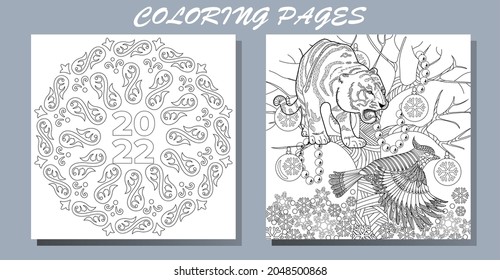 Coloring Pages. Doodle style new year coloring book. Happy new year 2022. Year of the tiger.  Antistress freehand sketch drawing with doodle and zentangle elements.