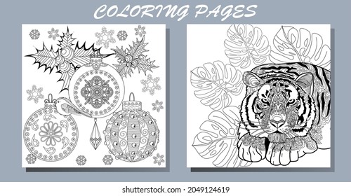 Coloring Pages. Doodle style new year coloring book. Happy new year 2022. Year of the tiger.  Antistress freehand sketch drawing with doodle and zentangle elements.