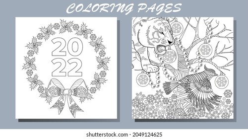 Coloring Pages. Doodle style new year coloring book. Happy new year 2022. Year of the tiger.  Antistress freehand sketch drawing with doodle and zentangle elements.