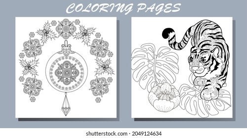 Coloring Pages. Doodle style new year coloring book. Happy new year 2022. Year of the tiger.  Antistress freehand sketch drawing with doodle and zentangle elements.