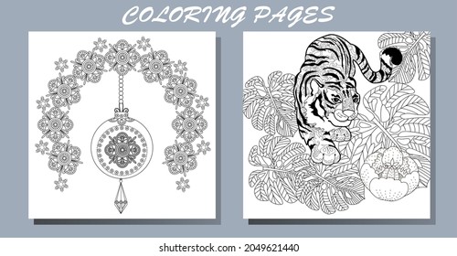 Coloring Pages. Doodle style new year coloring book. Happy new year 2022. Year of the tiger.  Antistress freehand sketch drawing with doodle and zentangle elements.