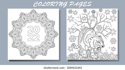 Coloring Pages. Doodle style new year coloring book. Happy new year 2022. Year of the tiger.  Antistress freehand sketch drawing with doodle and zentangle elements.