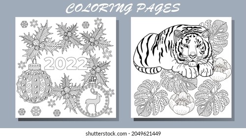 Coloring Pages. Doodle style new year coloring book. Happy new year 2022. Year of the tiger.  Antistress freehand sketch drawing with doodle and zentangle elements.