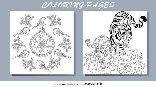 Coloring Pages. Doodle style new year coloring book. Happy new year 2022. Year of the tiger.  Antistress freehand sketch drawing with doodle and zentangle elements.