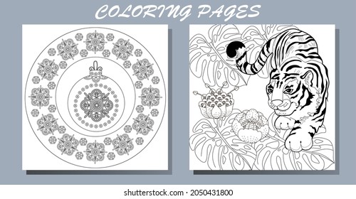 Coloring Pages. Doodle style new year coloring book. Happy new year 2022. Year of the tiger.  Antistress freehand sketch drawing with doodle and zentangle elements.