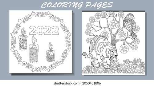 Coloring Pages. Doodle style new year coloring book. Happy new year 2022. Year of the tiger.  Antistress freehand sketch drawing with doodle and zentangle elements.