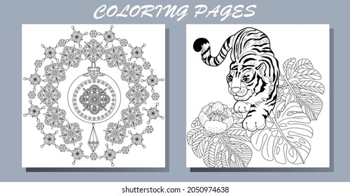 Coloring Pages. Doodle style new year coloring book. Happy new year 2022. Year of the tiger.  Antistress freehand sketch drawing with doodle and zentangle elements.