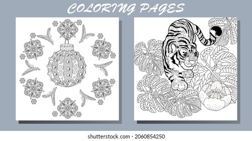 Coloring Pages. Doodle style new year coloring book. Happy new year 2022. Year of the tiger.  Antistress freehand sketch drawing with doodle and zentangle elements.