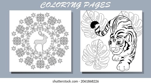 Coloring Pages. Doodle style new year coloring book. Happy new year 2022. Year of the tiger.  Antistress freehand sketch drawing with doodle and zentangle elements.