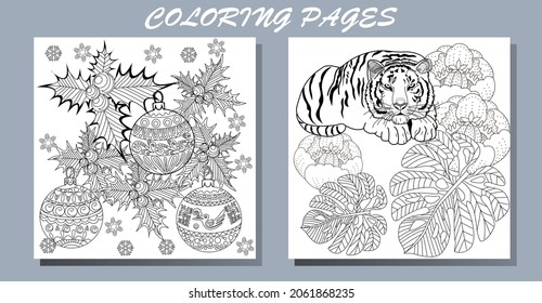 Coloring Pages. Doodle style new year coloring book. Happy new year 2022. Year of the tiger.  Antistress freehand sketch drawing with doodle and zentangle elements.