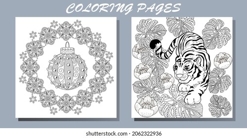 Coloring Pages. Doodle style new year coloring book. Happy new year 2022. Year of the tiger.  Antistress freehand sketch drawing with doodle and zentangle elements.