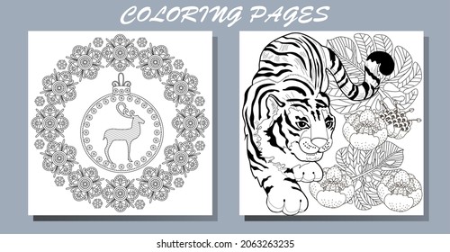 Coloring Pages. Doodle style new year coloring book. Happy new year 2022. Year of the tiger.  Antistress freehand sketch drawing with doodle and zentangle elements.