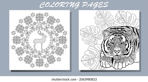 Coloring Pages. Doodle style new year coloring book. Happy new year 2022. Year of the tiger.  Antistress freehand sketch drawing with doodle and zentangle elements.