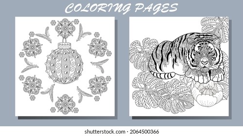 Coloring Pages. Doodle style new year coloring book. Happy new year 2022. Year of the tiger.  Antistress freehand sketch drawing with doodle and zentangle elements.