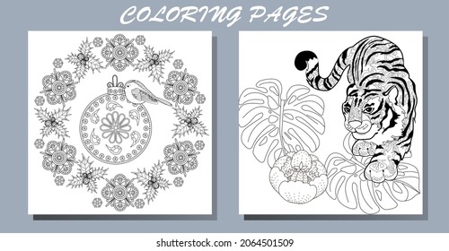 Coloring Pages. Doodle style new year coloring book. Happy new year 2022. Year of the tiger.  Antistress freehand sketch drawing with doodle and zentangle elements.