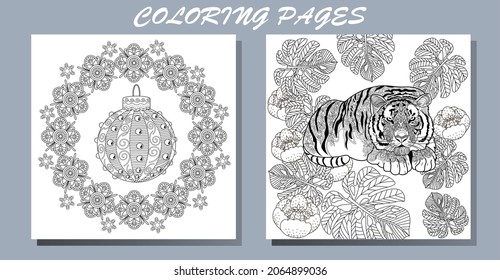 Coloring Pages. Doodle style new year coloring book. Happy new year 2022. Year of the tiger.  Antistress freehand sketch drawing with doodle and zentangle elements.