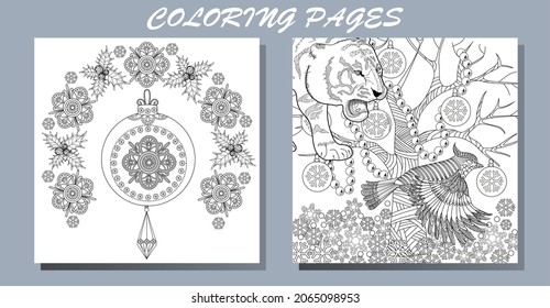 Coloring Pages. Doodle style new year coloring book. Happy new year 2022. Year of the tiger.  Antistress freehand sketch drawing with doodle and zentangle elements