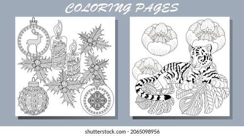 Coloring Pages. Doodle style new year coloring book. Happy new year 2022. Year of the tiger.  Antistress freehand sketch drawing with doodle and zentangle elements