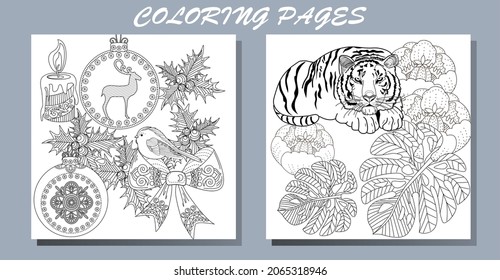 Coloring Pages. Doodle style new year coloring book. Happy new year 2022. Year of the tiger.  Antistress freehand sketch drawing with doodle and zentangle elements