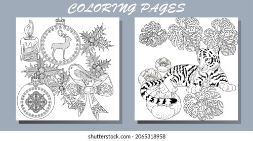 Coloring Pages. Doodle style new year coloring book. Happy new year 2022. Year of the tiger.  Antistress freehand sketch drawing with doodle and zentangle elements