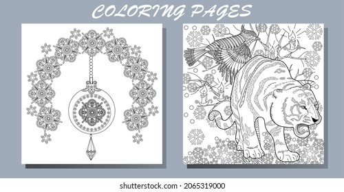 Coloring Pages. Doodle style new year coloring book. Happy new year 2022. Year of the tiger.  Antistress freehand sketch drawing with doodle and zentangle elements