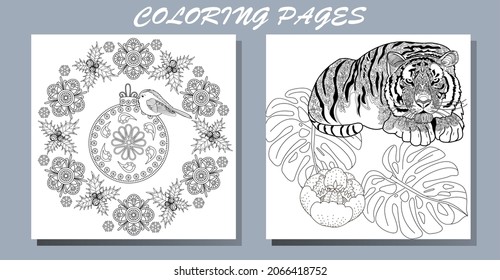 Coloring Pages. Doodle style new year coloring book. Happy new year 2022. Year of the tiger.  Antistress freehand sketch drawing with doodle and zentangle elements.