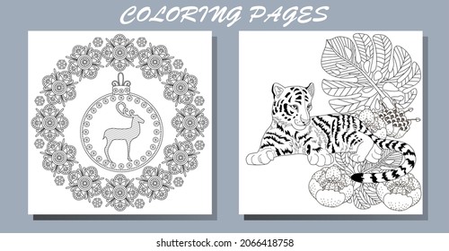 Coloring Pages. Doodle style new year coloring book. Happy new year 2022. Year of the tiger.  Antistress freehand sketch drawing with doodle and zentangle elements.