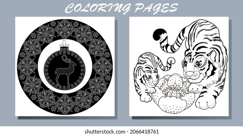 Coloring Pages. Doodle style new year coloring book. Happy new year 2022. Year of the tiger.  Antistress freehand sketch drawing with doodle and zentangle elements.