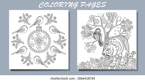 Coloring Pages. Doodle style new year coloring book. Happy new year 2022. Year of the tiger.  Antistress freehand sketch drawing with doodle and zentangle elements.